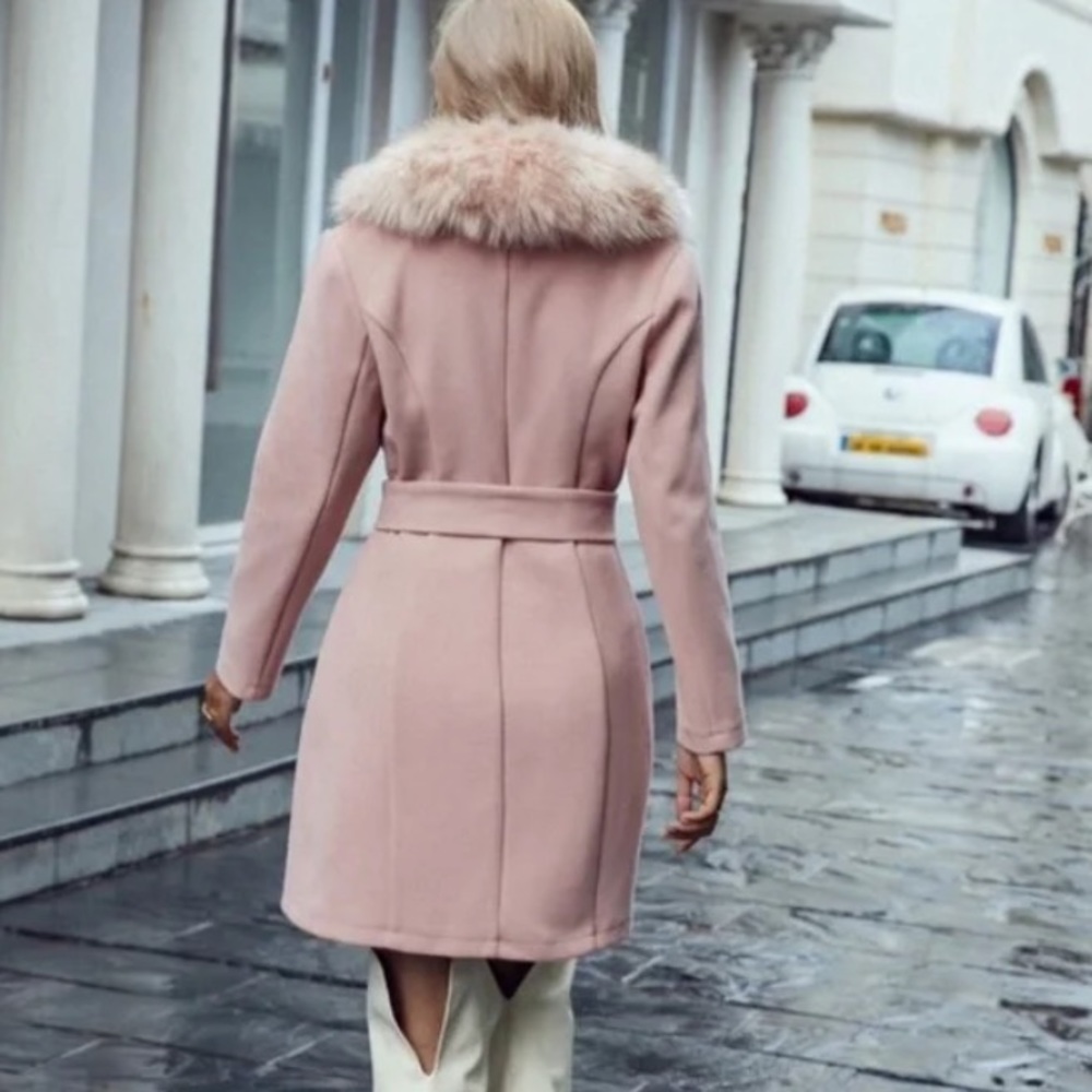 Luxe Dusty Pink Vegan belted Fur Pea coat - Picture 4 of 4